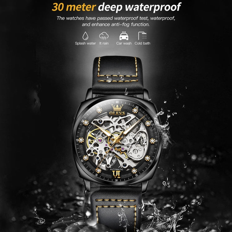 OLEVS 6651 Men Luminous Waterproof Hollow Mechanical Watch(Black) - Leather Strap Watches by OLEVS | Online Shopping South Africa | PMC Jewellery | Buy Now Pay Later Mobicred