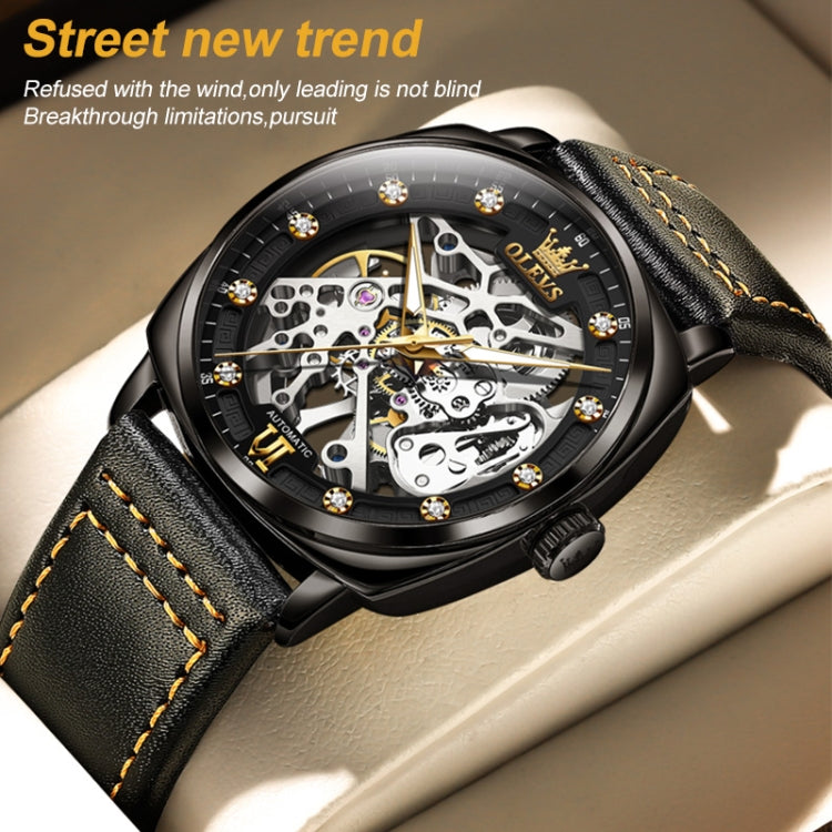 OLEVS 6651 Men Luminous Waterproof Hollow Mechanical Watch(Black) - Leather Strap Watches by OLEVS | Online Shopping South Africa | PMC Jewellery | Buy Now Pay Later Mobicred