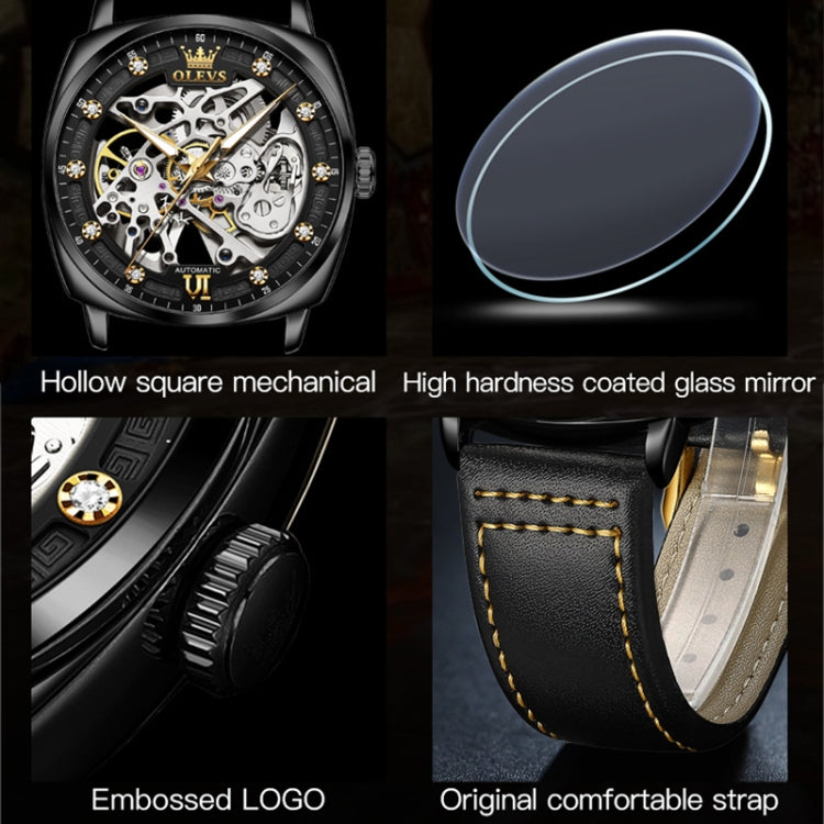 OLEVS 6651 Men Luminous Waterproof Hollow Mechanical Watch(Black) - Leather Strap Watches by OLEVS | Online Shopping South Africa | PMC Jewellery | Buy Now Pay Later Mobicred