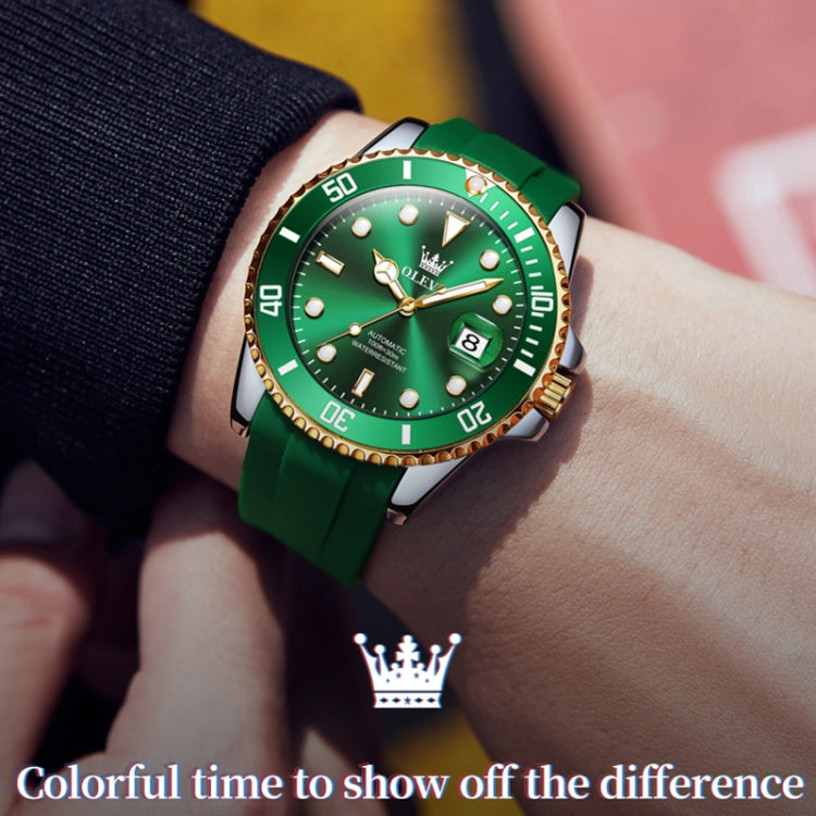 OLEVS 6650 Men Luminous Waterproof Silicone Strap Mechanical Watch(Green + Gold) - Silicone Strap Watches by OLEVS | Online Shopping South Africa | PMC Jewellery | Buy Now Pay Later Mobicred