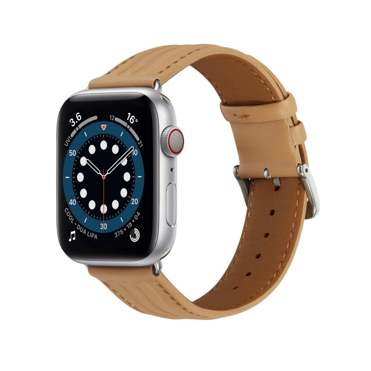 Embossed Line Genuine Leather Watch Band For Apple Watch 8 45mm(Khaki) - Watch Bands by PMC Jewellery | Online Shopping South Africa | PMC Jewellery