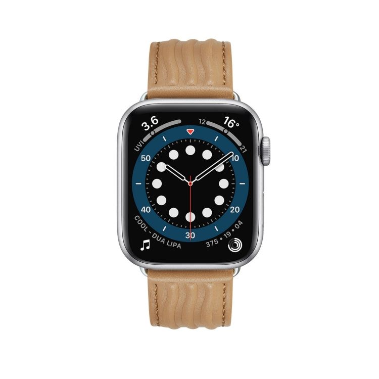 Embossed Line Genuine Leather Watch Band For Apple Watch 7 45mm(Khaki) - Watch Bands by PMC TechLife | Online Shopping South Africa | PMC TechLife