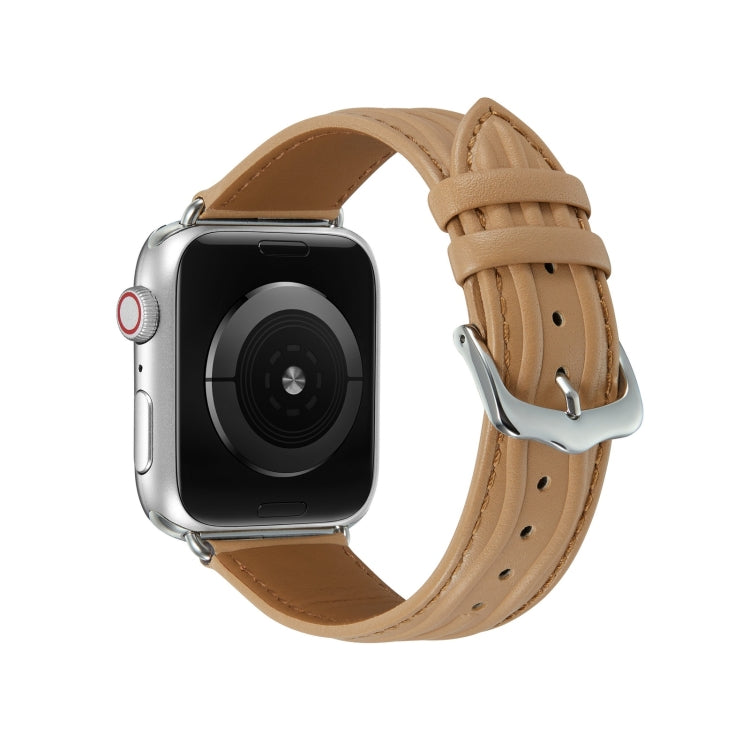 Embossed Line Genuine Leather Watch Band For Apple Watch 7 45mm(Khaki) - Watch Bands by PMC TechLife | Online Shopping South Africa | PMC TechLife