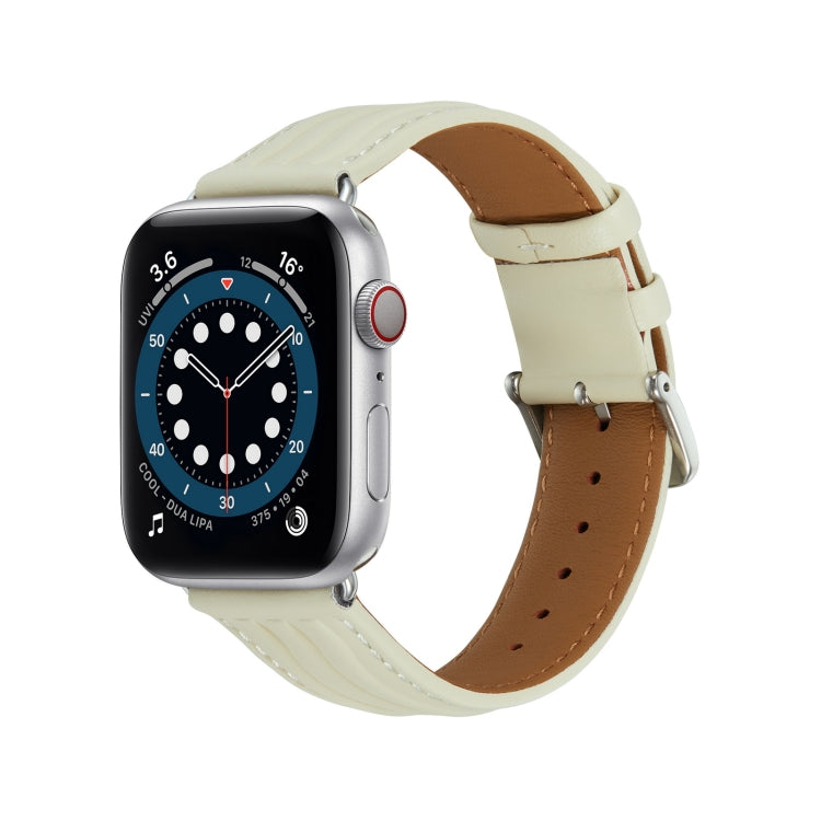 Embossed Line Genuine Leather Watch Band For Apple Watch SE 40mm(Milky White) - Watch Bands by PMC TechLife | Online Shopping South Africa | PMC TechLife