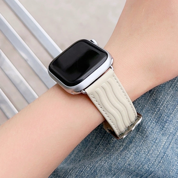 Embossed Line Genuine Leather Watch Band For Apple Watch SE 40mm(Milky White) - Watch Bands by PMC TechLife | Online Shopping South Africa | PMC TechLife
