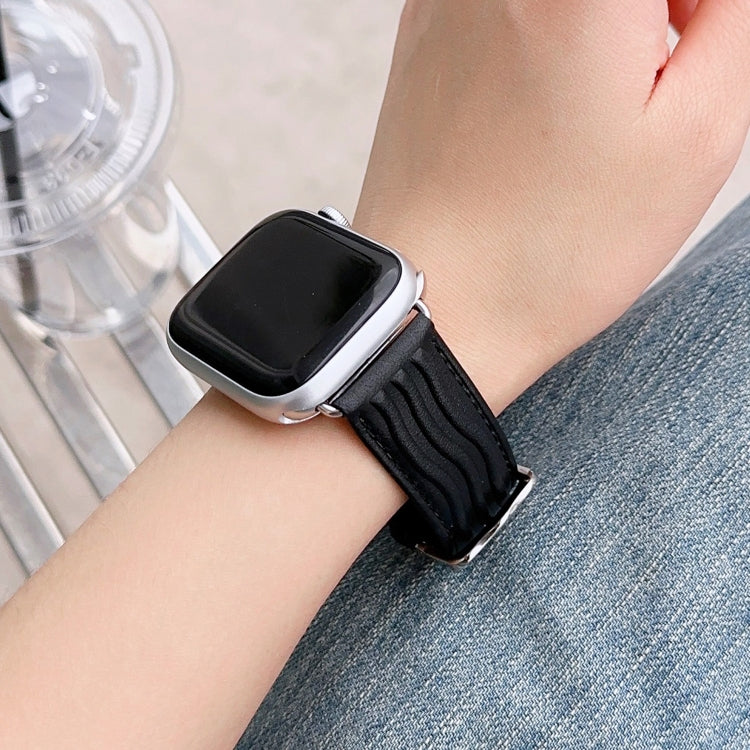 Embossed Line Genuine Leather Watch Band For Apple Watch 6 40mm(Black) - Watch Bands by PMC TechLife | Online Shopping South Africa | PMC TechLife