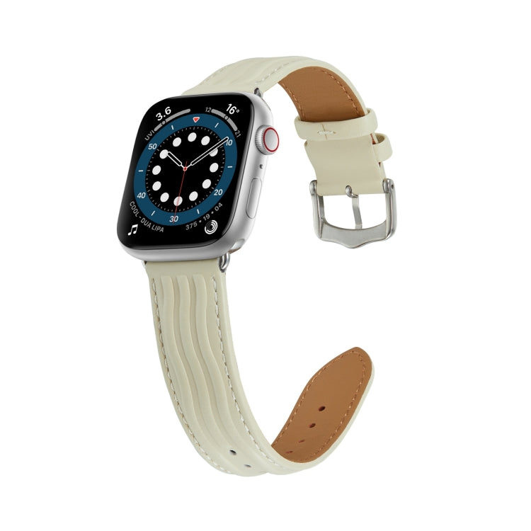 Embossed Line Genuine Leather Watch Band For Apple Watch 6 40mm(Milky White) - Watch Bands by PMC TechLife | Online Shopping South Africa | PMC TechLife