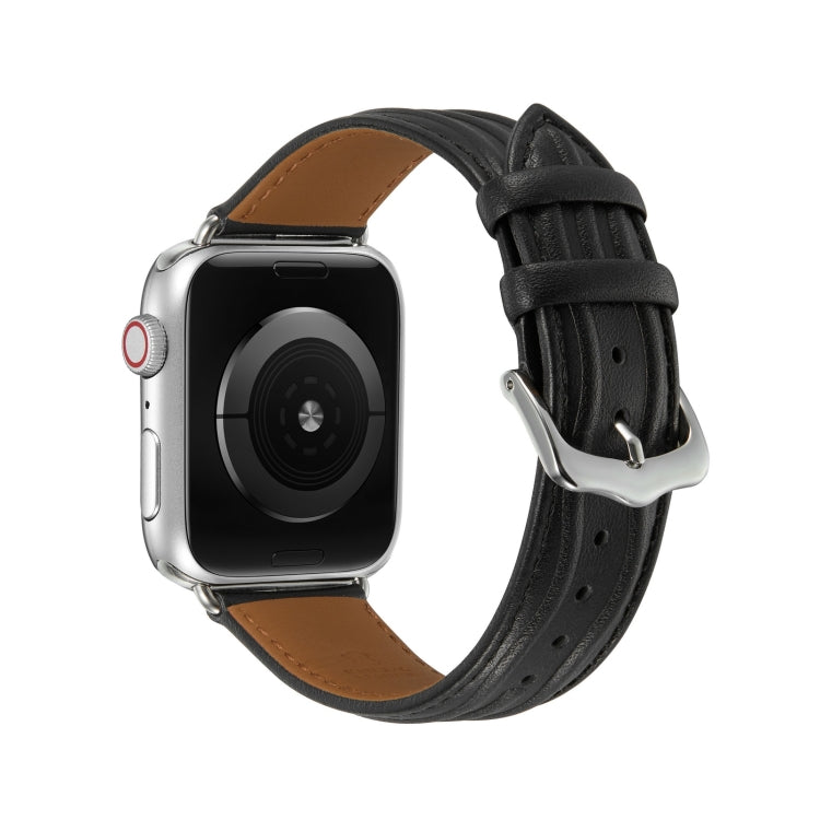 Embossed Line Genuine Leather Watch Band For Apple Watch 6 44mm(Black) - Watch Bands by PMC TechLife | Online Shopping South Africa | PMC TechLife
