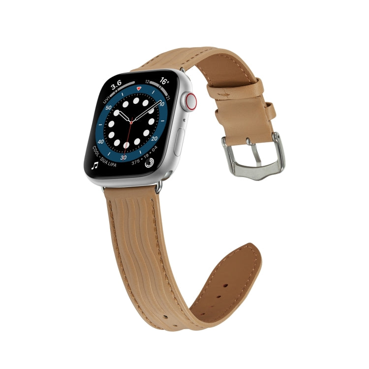 Embossed Line Genuine Leather Watch Band For Apple Watch 5 44mm(Khaki) - Watch Bands by PMC TechLife | Online Shopping South Africa | PMC TechLife