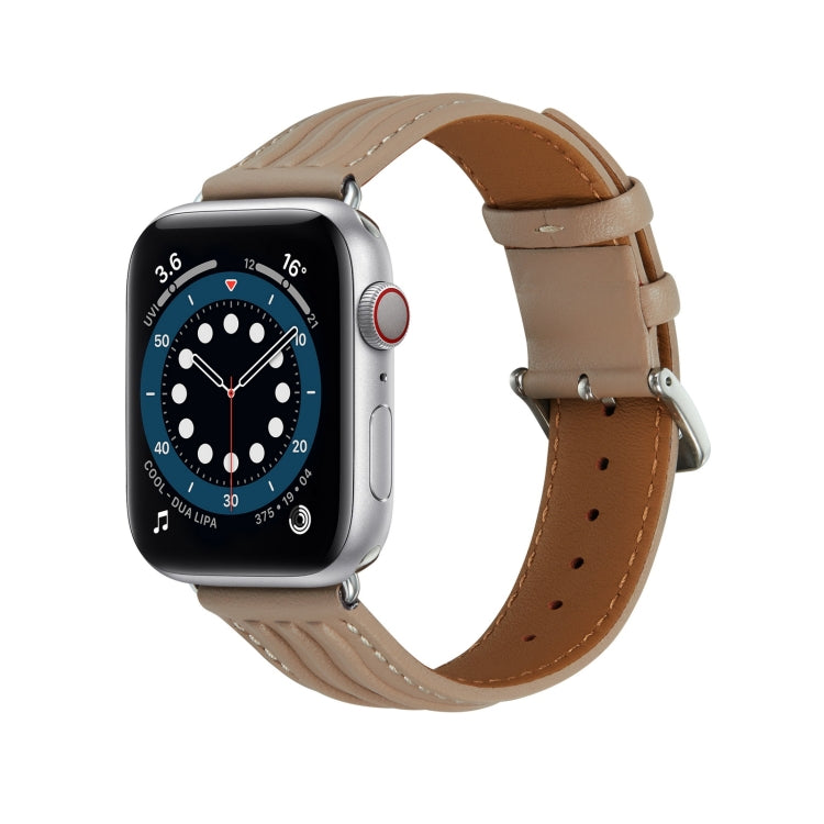 Embossed Line Genuine Leather Watch Band For Apple Watch 5 44mm(Milky Brown) - Watch Bands by PMC Jewellery | Online Shopping South Africa | PMC Jewellery