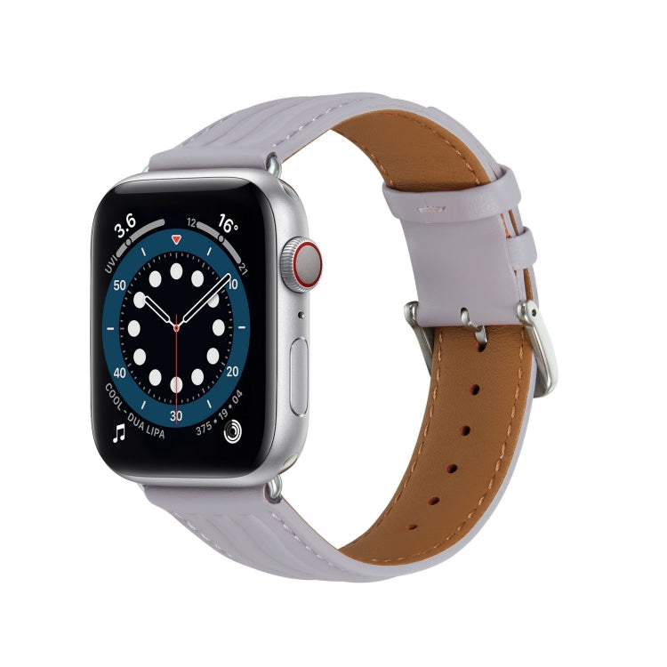 Embossed Line Genuine Leather Watch Band For Apple Watch 4 44mm(Lavender Purple) - Watch Bands by PMC Jewellery | Online Shopping South Africa | PMC Jewellery