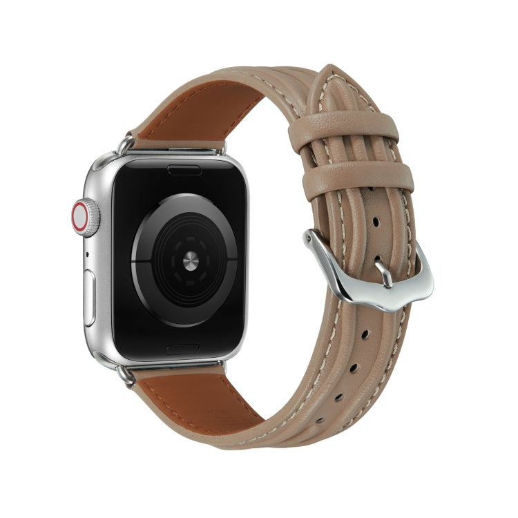 Embossed Line Genuine Leather Watch Band For Apple Watch 4 44mm(Milky Brown) - Watch Bands by PMC TechLife | Online Shopping South Africa | PMC TechLife
