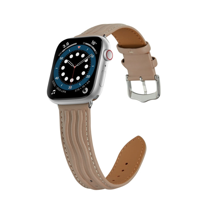 Embossed Line Genuine Leather Watch Band For Apple Watch 4 44mm(Milky Brown) - Watch Bands by PMC TechLife | Online Shopping South Africa | PMC TechLife