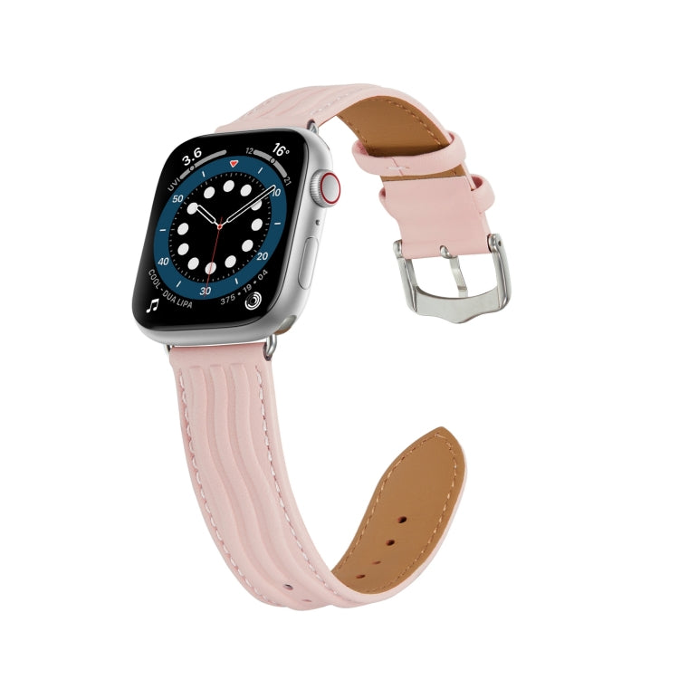 Embossed Line Genuine Leather Watch Band For Apple Watch 3 42mm(Pink) - Watch Bands by PMC TechLife | Online Shopping South Africa | PMC TechLife