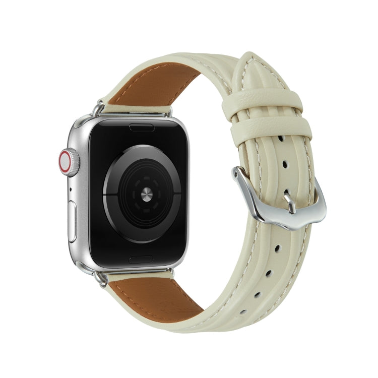 Embossed Line Genuine Leather Watch Band For Apple Watch 42mm(Milky White) - Watch Bands by PMC TechLife | Online Shopping South Africa | PMC TechLife