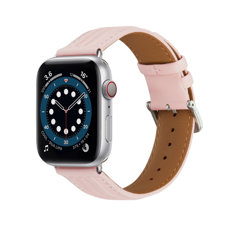 Embossed Line Genuine Leather Watch Band For Apple Watch 38mm(Pink) - Watch Bands by PMC TechLife | Online Shopping South Africa | PMC TechLife