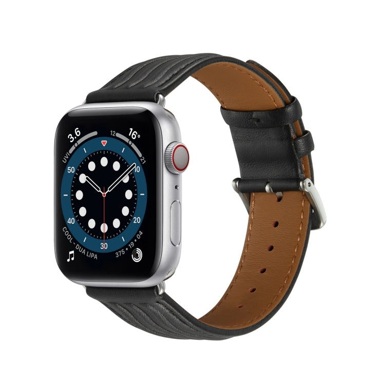 Embossed Line Genuine Leather Watch Band For Apple Watch SE 2023 44mm(Black) - Watch Bands by PMC TechLife | Online Shopping South Africa | PMC TechLife