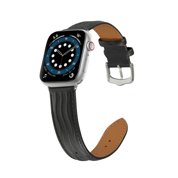 Embossed Line Genuine Leather Watch Band For Apple Watch 9 45mm(Black) - Watch Bands by PMC TechLife | Online Shopping South Africa | PMC TechLife