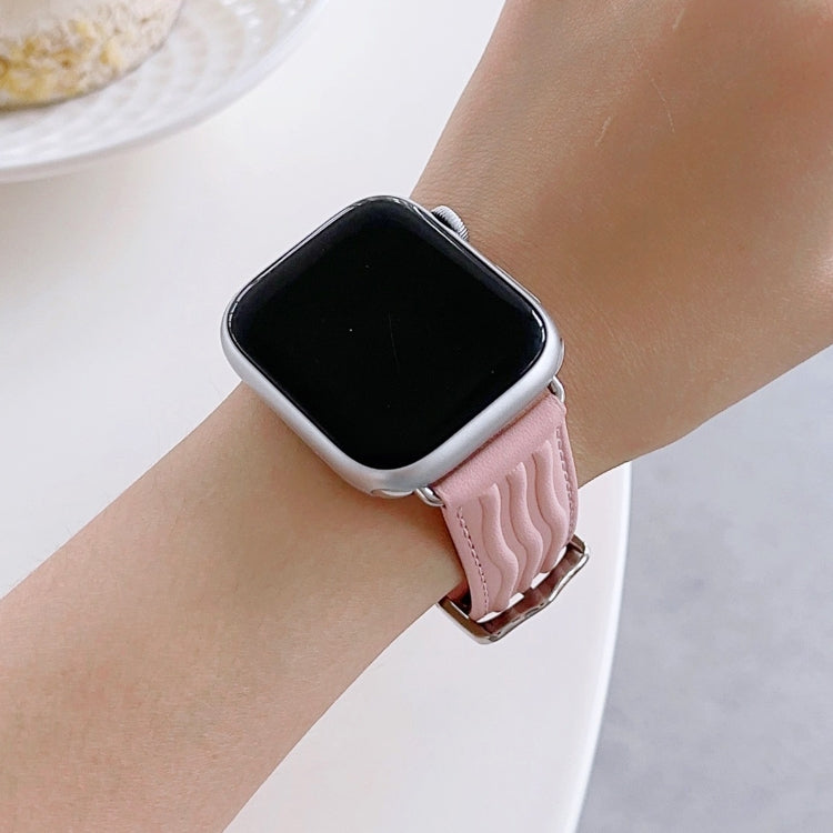 Embossed Line Genuine Leather Watch Band For Apple Watch 9 41mm(Pink) - Watch Bands by PMC TechLife | Online Shopping South Africa | PMC TechLife