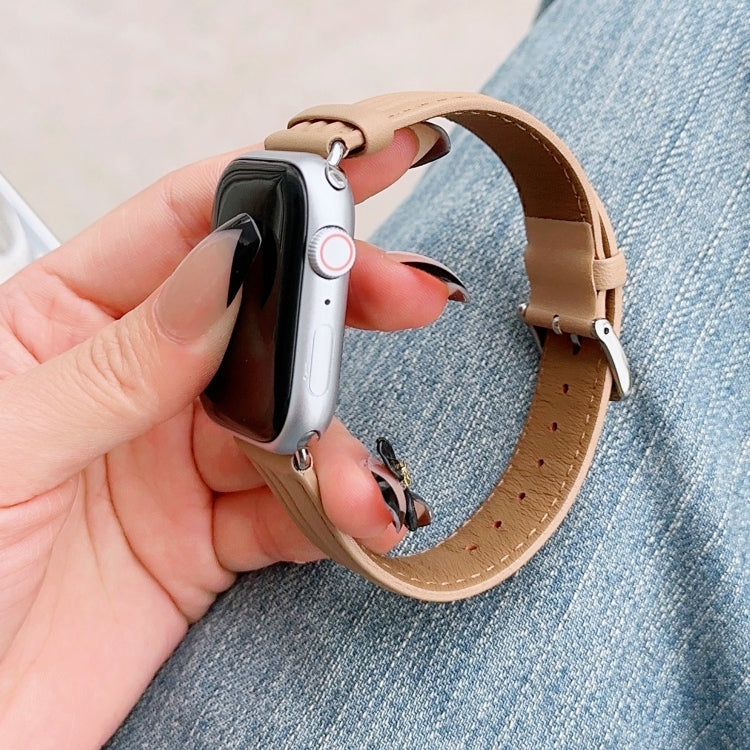 Embossed Line Genuine Leather Watch Band For Apple Watch 9 41mm(Khaki) - Watch Bands by PMC TechLife | Online Shopping South Africa | PMC TechLife
