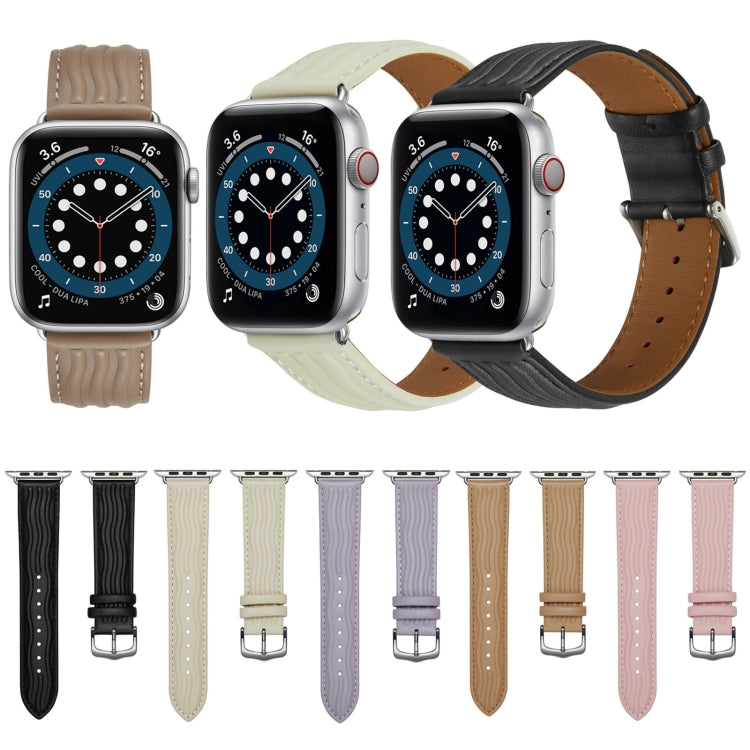 Embossed Line Genuine Leather Watch Band For Apple Watch 7 45mm(Pink) - Watch Bands by PMC TechLife | Online Shopping South Africa | PMC TechLife