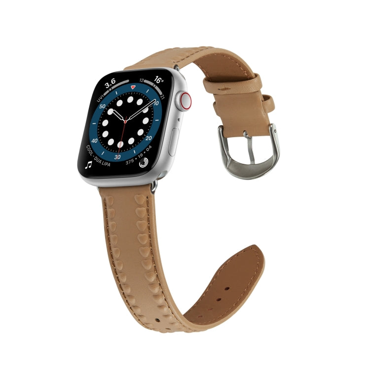 Embossed Love Genuine Leather Watch Band For Apple Watch SE 40mm(Khaki) - Watch Bands by PMC TechLife | Online Shopping South Africa | PMC TechLife