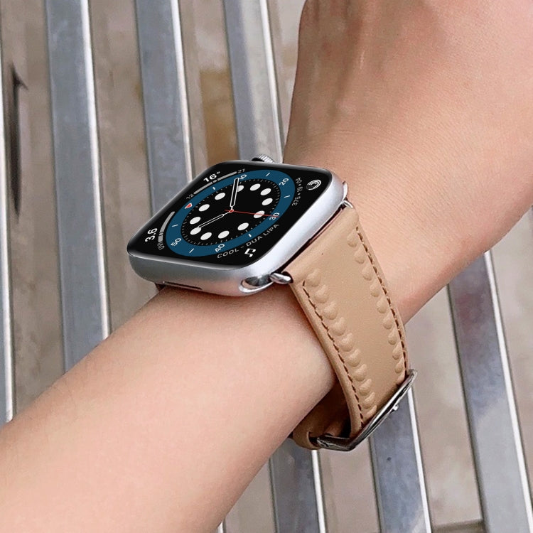Embossed Love Genuine Leather Watch Band For Apple Watch 4 40mm(Khaki) - Watch Bands by PMC TechLife | Online Shopping South Africa | PMC TechLife