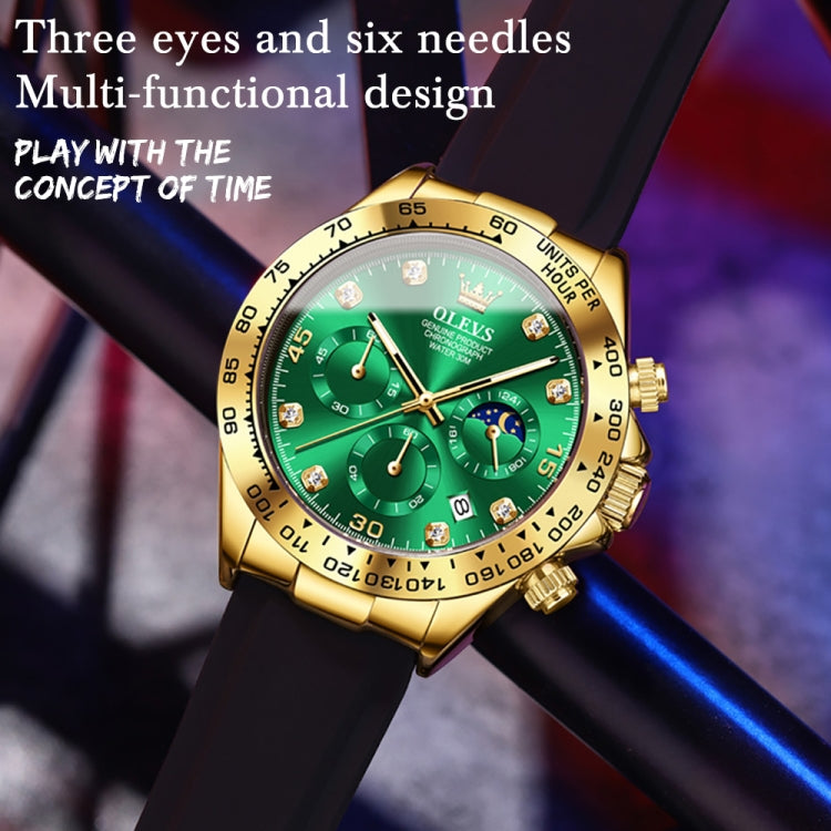 OLEVS 2875 Men Multifunctional Sports Chronograph Waterproof Quartz Watch(Green + Gold) - Silicone Strap Watches by OLEVS | Online Shopping South Africa | PMC Jewellery