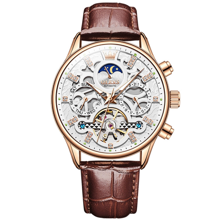 OLEVS 6658 Men Luminous Waterproof Leather Strap Mechanical Watch(White + Rose Gold) - Leather Strap Watches by OLEVS | Online Shopping South Africa | PMC Jewellery | Buy Now Pay Later Mobicred