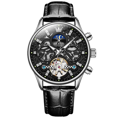 OLEVS 6658 Men Luminous Waterproof Leather Strap Mechanical Watch(Black) - Leather Strap Watches by OLEVS | Online Shopping South Africa | PMC Jewellery | Buy Now Pay Later Mobicred