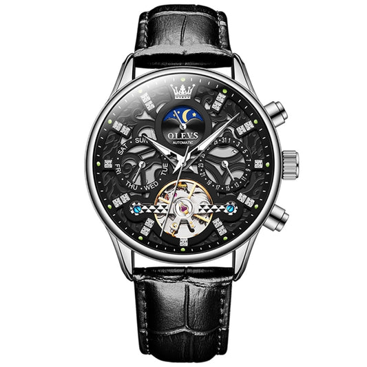 OLEVS 6658 Men Luminous Waterproof Leather Strap Mechanical Watch(Black) - Leather Strap Watches by OLEVS | Online Shopping South Africa | PMC Jewellery | Buy Now Pay Later Mobicred