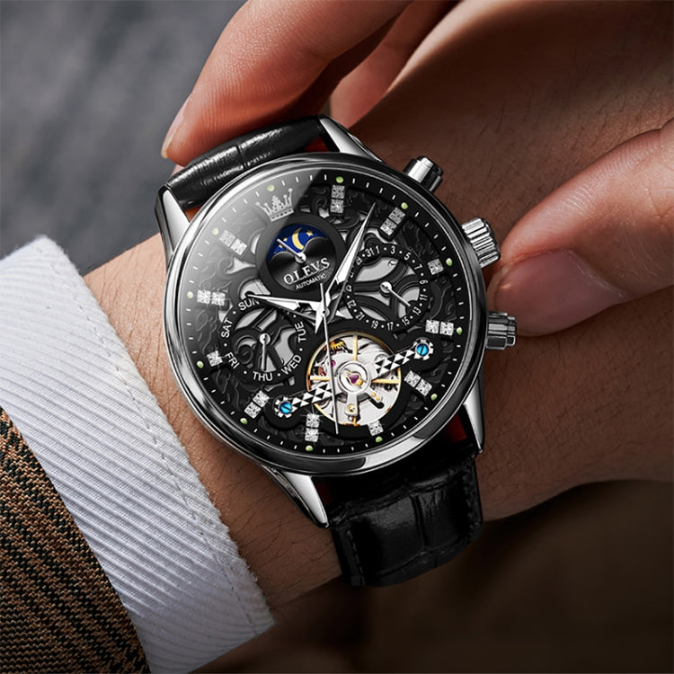 OLEVS 6658 Men Luminous Waterproof Leather Strap Mechanical Watch(Black) - Leather Strap Watches by OLEVS | Online Shopping South Africa | PMC Jewellery | Buy Now Pay Later Mobicred