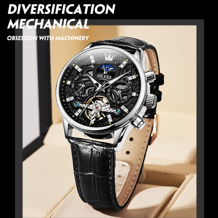 OLEVS 6658 Men Luminous Waterproof Leather Strap Mechanical Watch(Black) - Leather Strap Watches by OLEVS | Online Shopping South Africa | PMC Jewellery | Buy Now Pay Later Mobicred