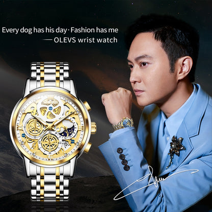 OLEVS 9947 Men Multifunctional Hollow Waterproof Quartz Watch(White + Gold) - Metal Strap Watches by OLEVS | Online Shopping South Africa | PMC Jewellery | Buy Now Pay Later Mobicred