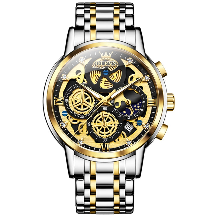 OLEVS 9947 Men Multifunctional Hollow Waterproof Quartz Watch(Black + Gold) - Metal Strap Watches by OLEVS | Online Shopping South Africa | PMC Jewellery | Buy Now Pay Later Mobicred