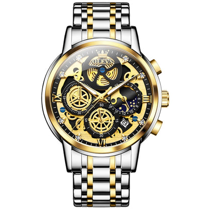 OLEVS 9947 Men Multifunctional Hollow Waterproof Quartz Watch(Black + Gold) - Metal Strap Watches by OLEVS | Online Shopping South Africa | PMC Jewellery | Buy Now Pay Later Mobicred