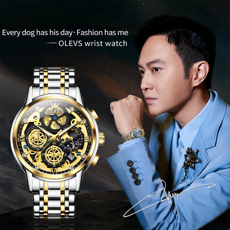 OLEVS 9947 Men Multifunctional Hollow Waterproof Quartz Watch(Black + Gold) - Metal Strap Watches by OLEVS | Online Shopping South Africa | PMC Jewellery | Buy Now Pay Later Mobicred