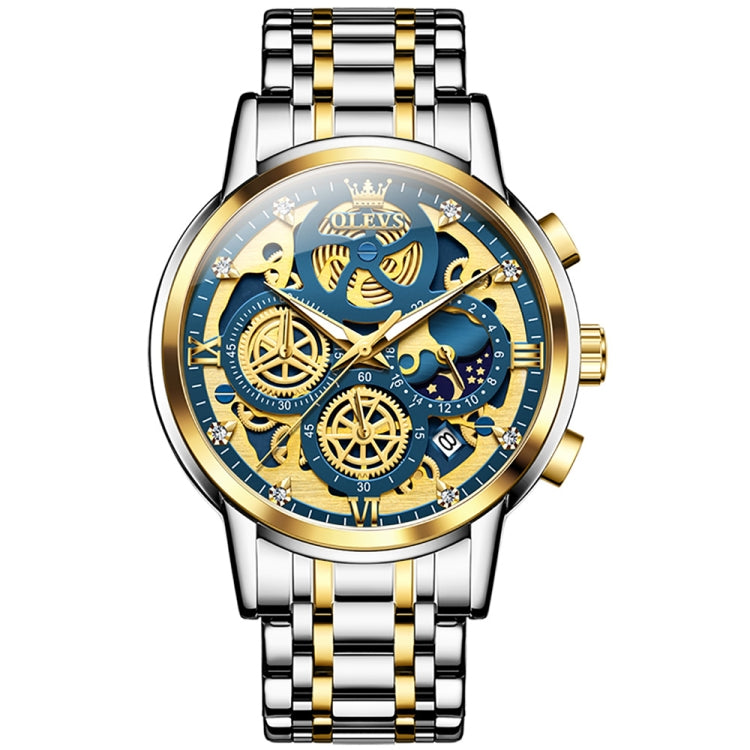 OLEVS 9947 Men Multifunctional Hollow Waterproof Quartz Watch(Blue + Gold) - Metal Strap Watches by OLEVS | Online Shopping South Africa | PMC Jewellery | Buy Now Pay Later Mobicred