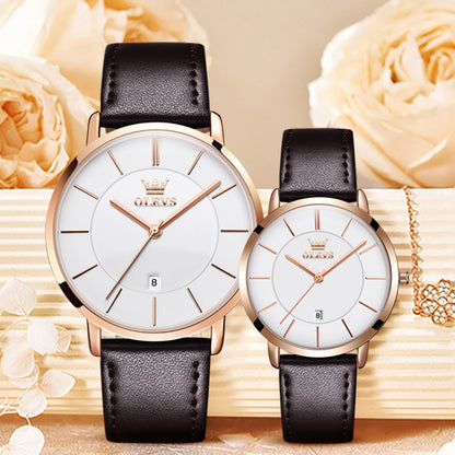 OLEVS 5869 1 Pair Couple Waterproof Genuine Leather Strap Quartz Watch(White + Rose Gold) - Couple Watches by PMC Jewellery | Online Shopping South Africa | PMC Jewellery