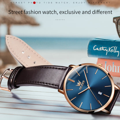 OLEVS 5869 1 Pair Couple Waterproof Genuine Leather Strap Quartz Watch(Blue) - Couple Watches by PMC Jewellery | Online Shopping South Africa | PMC Jewellery