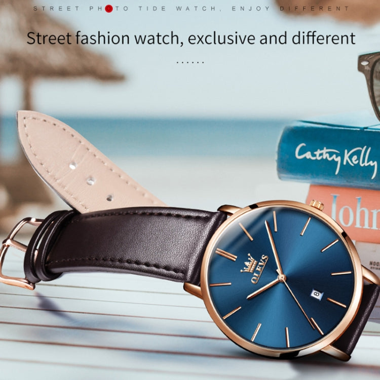 OLEVS 5869 1 Pair Couple Waterproof Genuine Leather Strap Quartz Watch(Blue + Rose Gold) - Couple Watches by PMC Jewellery | Online Shopping South Africa | PMC Jewellery