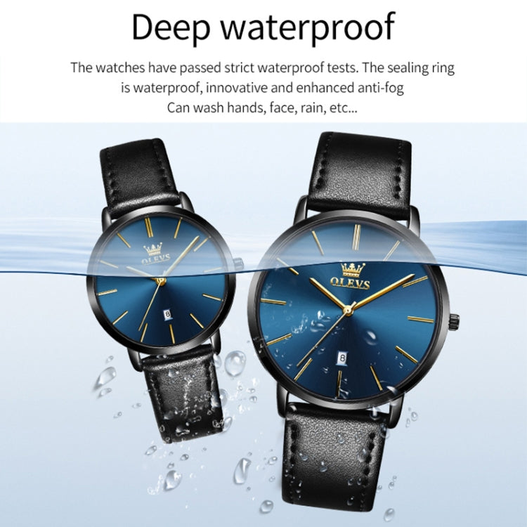 OLEVS 5869 1 Pair Couple Waterproof Genuine Leather Strap Quartz Watch(Blue + Black) - Couple Watches by PMC Jewellery | Online Shopping South Africa | PMC Jewellery