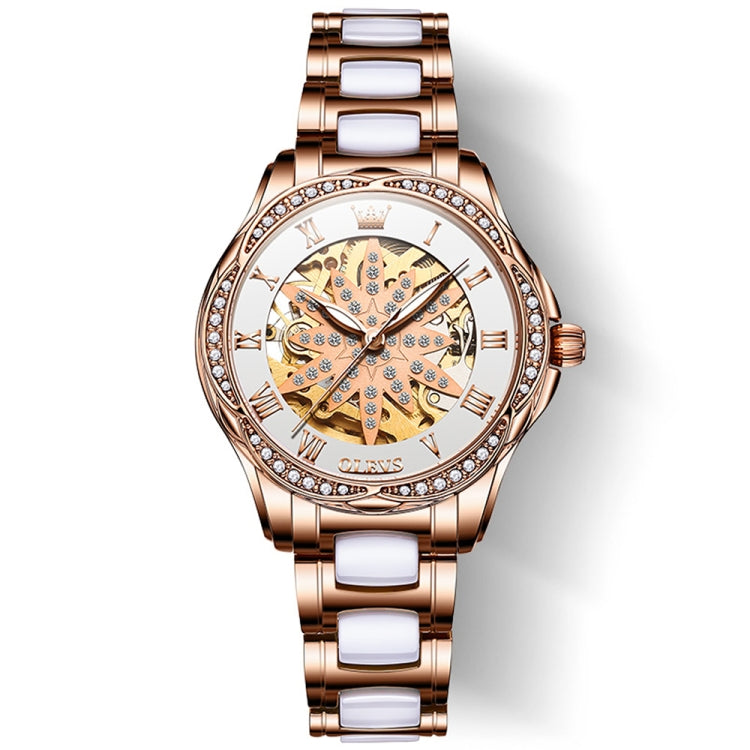 OLEVS 6681 Women Multifunctional Hollow Waterproof Mechanical Watch(White Surface Ceramic Belt) - Metal Strap Watches by OLEVS | Online Shopping South Africa | PMC Jewellery | Buy Now Pay Later Mobicred