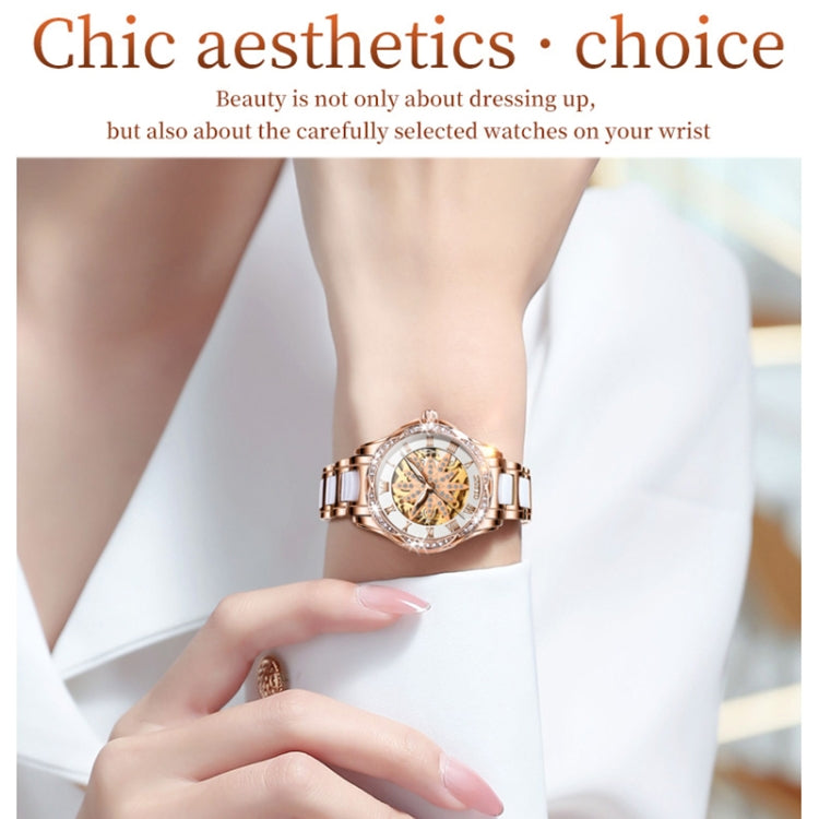 OLEVS 6681 Women Multifunctional Hollow Waterproof Mechanical Watch(White Surface Ceramic Belt) - Metal Strap Watches by OLEVS | Online Shopping South Africa | PMC Jewellery | Buy Now Pay Later Mobicred