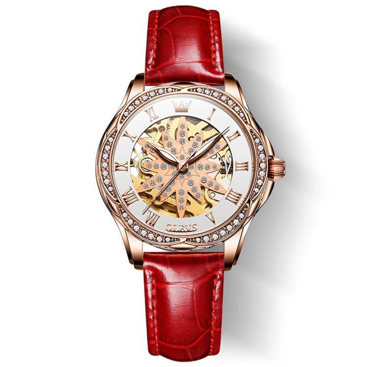 OLEVS 6681 Women Multifunctional Hollow Waterproof Mechanical Watch(White Surface Red Belt) - Leather Strap Watches by OLEVS | Online Shopping South Africa | PMC Jewellery | Buy Now Pay Later Mobicred