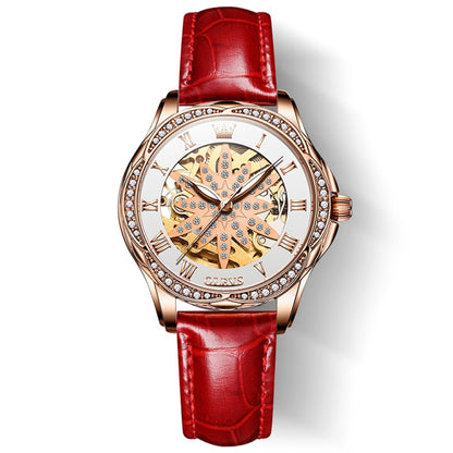 OLEVS 6681 Women Multifunctional Hollow Waterproof Mechanical Watch(White Surface Red Belt) - Leather Strap Watches by OLEVS | Online Shopping South Africa | PMC Jewellery | Buy Now Pay Later Mobicred