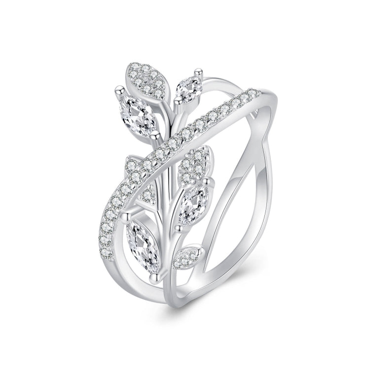 BSR453-6 S925 Sterling Silver White Gold Plated Zircon Luxury Leaf Ring - Rings by PMC Jewellery | Online Shopping South Africa | PMC Jewellery