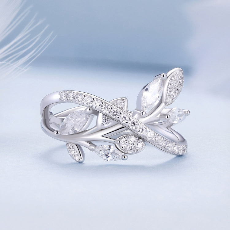 BSR453-6 S925 Sterling Silver White Gold Plated Zircon Luxury Leaf Ring - Rings by PMC Jewellery | Online Shopping South Africa | PMC Jewellery