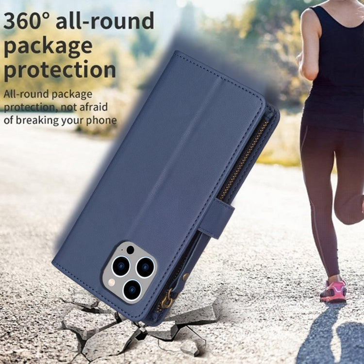 For iPhone 14 Pro Max 9 Card Slots Zipper Wallet Leather Flip Phone Case(Blue) - free shipping - PMC TechLife - Order now!
