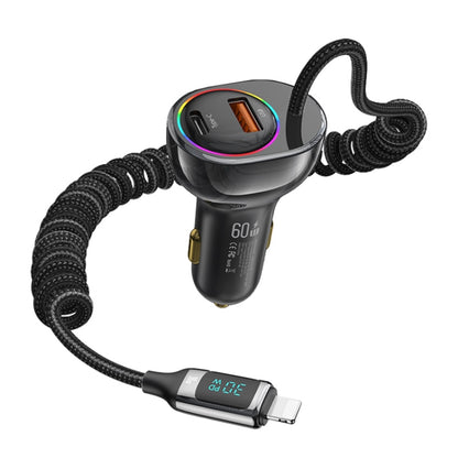 USAMS US-CC193 C37 60W Type-C+USB Dual Port Car Charger with Digital Display 30W 8 Pin Spring Data Cable(Tarnish) - Car Charger by USAMS | Online Shopping South Africa | PMC Jewellery | Buy Now Pay Later Mobicred